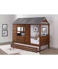 Donco Kids Twin Log Cabin Low Loft W/Twin Trundle Bed -Paco Home Elegant Store Belk 1116