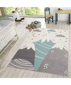Paco Home Kids Rug for Nursery Mountains Starry-Sky in Light Blue Cream Pastel - 4'7" x 6'7" -Paco Home Elegant Store Belk 121