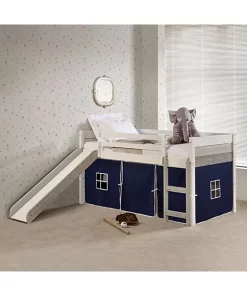 Donco Kids Twin Panel Low Loft Bed With Slide & Blue Tent Kit