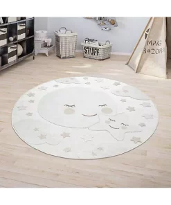 Paco Home Round Kids Rug Cuddly Moon and Stars Motif Indoor & Outdoor - 6'7" Round -Paco Home Elegant Store Belk 144