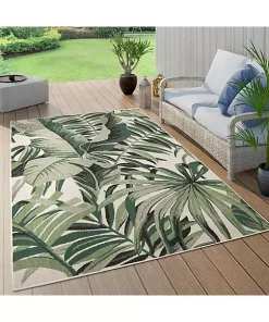 Paco Home In- & Outdoor Rug Tropical Palm Leaf Design for Patio in Green Beige - 5'3" x 7'7"