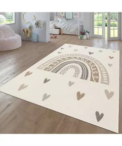 Paco Home Nursery Rug with Rainbow and Hearts in Pastel Colors - 5'3" x 7'3"