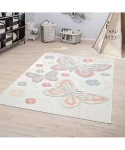 Paco Home Kids Rug Colorful Playmat with Butterflies & Flowers in Cream - 5'3" x 7'3"