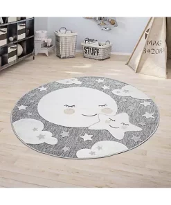 Paco Home Round Kids Rug Cuddly Moon and Stars Motif Indoor & Outdoor - 5'3" Round