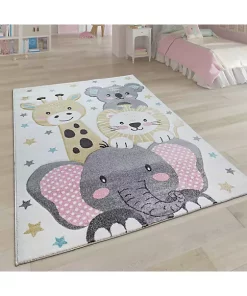 Paco Home Kids Rug for Nursery Cute Animals in Cream Pastel Colors - 3'11" Round