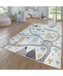 Paco Home Nursery Rug with Streets Cars and Trees Motif in Pastel Colors - 2'8" x 4'11"