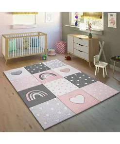 Paco Home Kids Rug Checkered with Rainbows & Hearts in Pink White - 6'7" x 9'6"