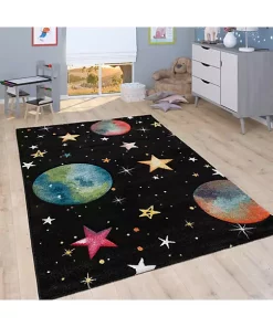 Paco Home Kids Space Rug with Planet Earth and Stars in Black - 2'8" x 4'11" -Paco Home Elegant Store Belk 484