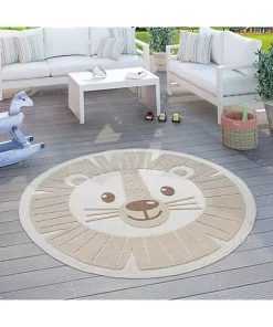Paco Home Kids Rug Happy Lion Motif Play-Mat Round with Contour Cut - 6'7" Round