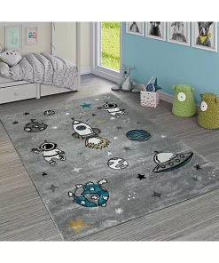 Paco Home Space Rug for Kids Room with Astronaut Planets & Rockets in Grey - 2'8" x 4'11"
