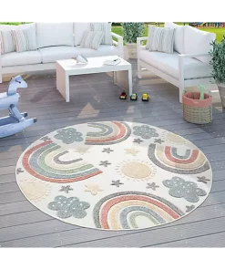 Paco Home Kids Rug Colorful Rainbow Play-Mat for In- & Outdoor in Cream - 3'11" Round